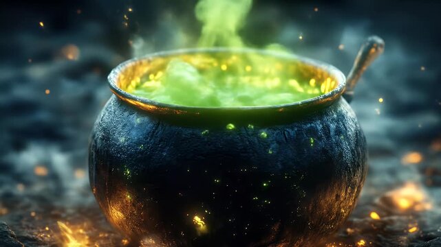 Glowing green potion in magical steaming cauldron over crackling fire
