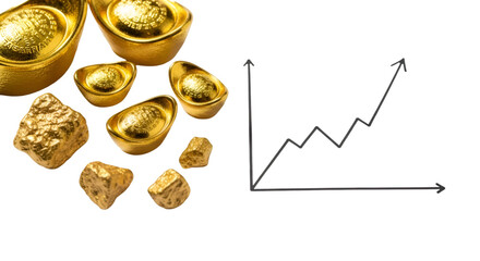 Gold ingots and nuggets next to a rising line graph representing increasing value and a positive financial trend.