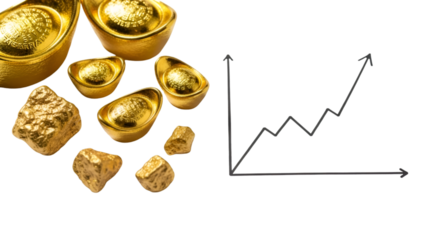 Gold ingots and nuggets next to a rising line graph representing increasing value and a positive financial trend.