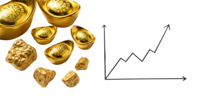 Gold ingots and nuggets next to a rising line graph representing increasing value and a positive financial trend.