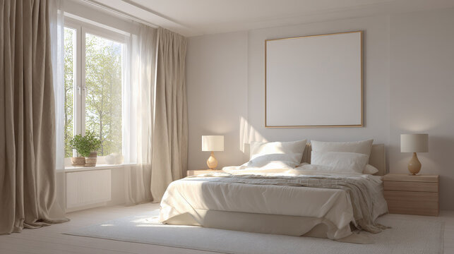 dormitorio lujoso de tonos beige con cama grande, marco con cuadro en blanco, cortinas, colcha, cojines y lampara con mesita, con mucha luz natural