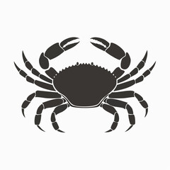 Crab Silhouette. This image shows a black silhouette of a crab with prominent claws and legs, also referred to as a crustacean outline or marine animal. Vector clipart illustration design.