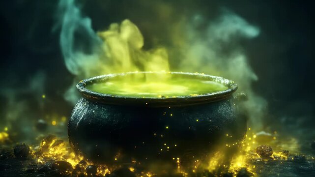 Glowing green potion simmers in a mysterious dark cauldron moody lighting fantasy scene