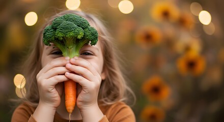 Young girl smiling and holding broccoli and a carrot over the face like a mask. Autumn outdoor portrait against flowers and bokeh lights. Concept of healthy eating, copy space.