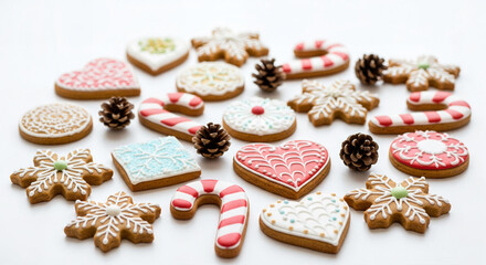 Delicious, homemade Christmas gingerbread cookies with heart-shaped icing decorations on a wooden table
