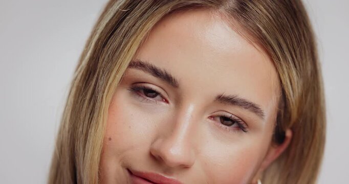 Eyebrow, microblading or woman in studio with beauty, skincare or cosmetic treatment result. Portrait, facial grooming or female person with makeup, lash extension or healthy skin on white background