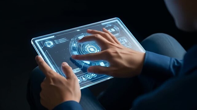 Hands touching glowing futuristic tablet with digital interface data - Powered by Adobe