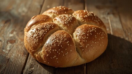 Morning baked round challah bread with sesame seeds on rustic wooden table