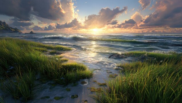 Coastal sunset with vibrant clouds and waves