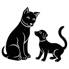 Charming Silhouette Illustration of Two Black Dogs, One Large and One Small, Facing Each Other Playfully