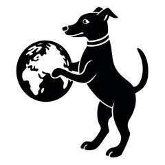 A graphic black and white illustration of a clever dog holding planet Earth, a symbol for global animal care and world conservation.