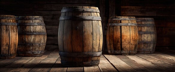 Wooden barrels in a dimly lit cellar