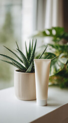 Obraz premium Realistic sunscreen tube is placed beside potted aloe vera plant, creating serene and natural atmosphere. soft colors and textures evoke sense of calm and wellness