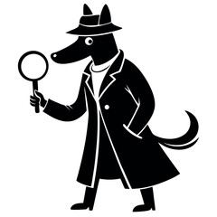 A mysterious dog detective in a classic trench coat and fedora hat, a clever canine investigator searching for clues with a magnifying glass.