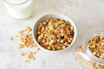 Granola Breakfast Bowl with a glass of Milk, Healthy Food, Morning Meal 