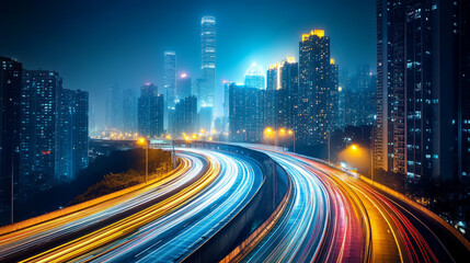 Fototapeta premium A night cityscape with blurred light trails from traffic on a highway through the city skyline