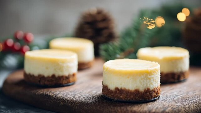 Mini cheesecakes rest on a wooden board, evoking a cozy holiday atmosphere with pine decorations, offering a delicious treat for festive gatherings, ideal for seasonal dessert spreads