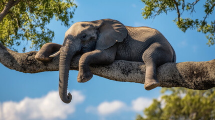 AI generator image of A Unique Image of an Elephant Sitting on a Tree Branch. Baby elephant lies down to sleep peacefully.