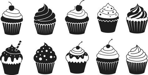 Cupcake silhouette vector, black and white cupcakes, dessert clipart, cherry cupcake icons, bakery pastry illustrations, sweet treat design, icing art