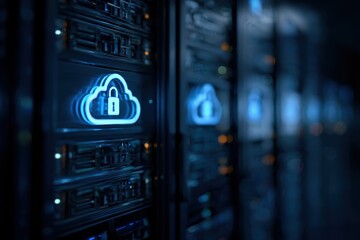 Close-up of server rack with glowing cloud and lock