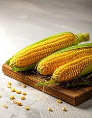 Fresh corn cobs rest on a wooden cutting board, showcasing vibrant yellow kernels and fresh green husks against a light gray surface.