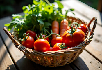 A simple woven basket filled with fresh, locally-grown vegetables on a rustic wooden table. Early morning light with long shadows. 