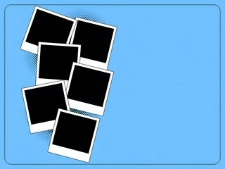 Set Of Empty Photo Frames Compositions Retro Photo Frames With shadow on blue background stock illustration. Abstract background with photo frames on blue and white squares