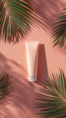 Realistic sunscreen tube is placed on soft pink background, surrounded by lush green palm leaves, creating vibrant and tropical atmosphere. composition evokes sense of summer and relaxation