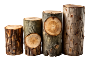 Four Assorted Wooden Logs Standing Tall on Transparent Background