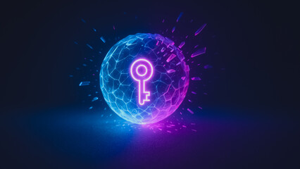 Global Key to Access: A vibrant neon key icon glows within a futuristic, fragmented sphere, symbolizing access, security, and global connection in a digital world.