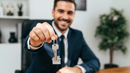 A smiling real estate agent or businessman in a suit holds out a house key with a house-shaped keychain, symbolizing new home ownership, property deals, and successful transactions. - Powered by Adobe