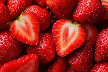 Sweet strawberry background. Full frame of fresh strawberries. Red ripe berry wallpaper closeup. Juicy berries. Vegetarian, vegan raw food. Organic bio product. From farm to table. Fruit pattern