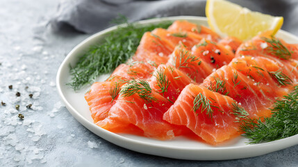 Thin slices of Swedish Gravlax salmon with dill and lemon