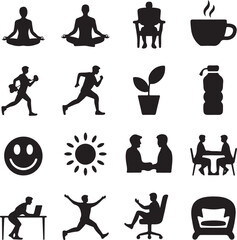 Lifestyle and wellness icons in a grid layout yoga meditation