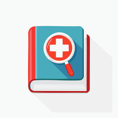 Obraz premium Medical textbook research, magnifying glass over a book with a plus sign.