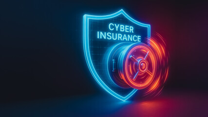 Cyber Insurance Security Concept: A vibrant neon shield, emblazoned with the words CYBER INSURANCE, safeguards a robust, high-security vault against the backdrop of the digital realm.