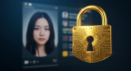 Golden padlock with circuit board design over blurred face image