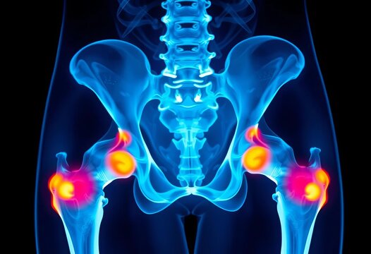 High-resolution X-ray of human pelvis highlighting potential pathologies, including fractures, osteoarthritis, and tumors,  acetabulum,  pubis