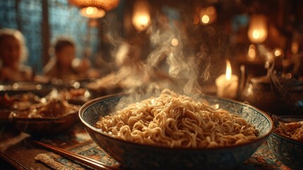 Fototapeta premium Delicious Steaming Noodles with Warm Lighting and Cozy Atmosphere