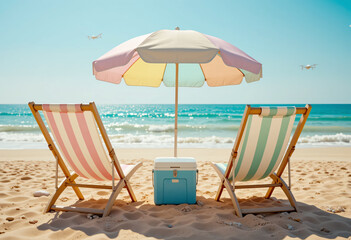 Vintage pastel drones flying over rainbow umbrella seaside, retro 1980s vibe 3:2