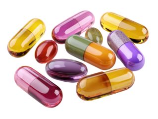 Assorted pills and capsules in various colors,  grouped in a chaotic arrangement,  with transparent, glossy surfaces