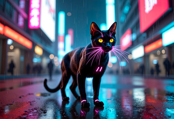 A sleek cyberpunk cat with glowing neon implants, robotic limbs, and holographic whiskers, standing on a rainy futuristic city street at night, reflections on wet pavement