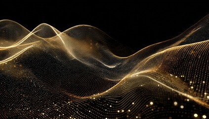 Abstract gold particles flowing in waves over black background