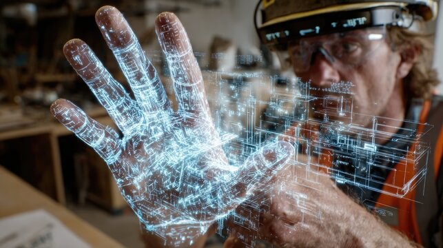 Worker Engaging with Virtual Hologram Technology on Job Site