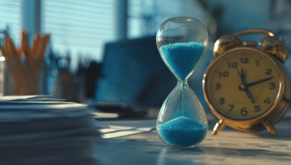 A glass hourglass with blue sand sits on a desk next to a vintage alarm clock