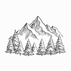 Fototapeta premium Mountain with trees drawing. It is a vector sketch line art drawing of mountains and a forest of pine trees, symbolizing nature and wilderness. Vector sketch line art draw.