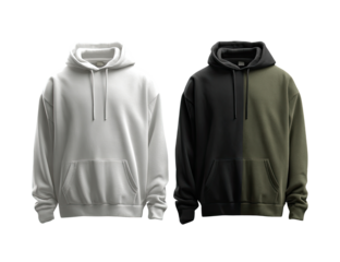 Two blank hoodies, one white, one dark-olive green/black