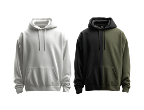 Two blank hoodies, one white, one dark-olive green/black