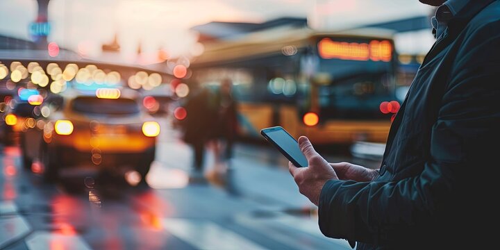 Order a taxi. Cropped view of businessman using mobile phone, arriving at airport