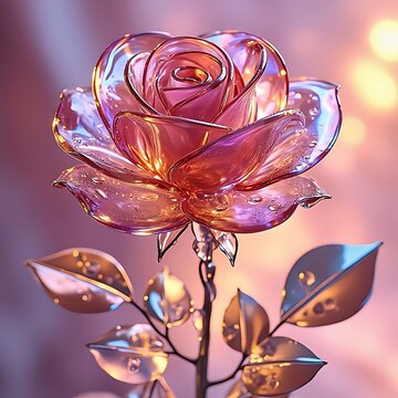 A stunning crystal rose glowing with pink and golden light, symbolizing beauty, elegance, and timeless love in a dreamy surreal art style.